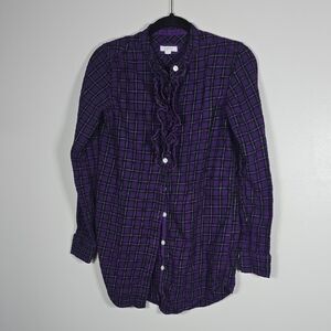 2009 Aerie Women's Y2k Chic Ruffle Purple Plaid Flannel Button Down Shirt Blouse